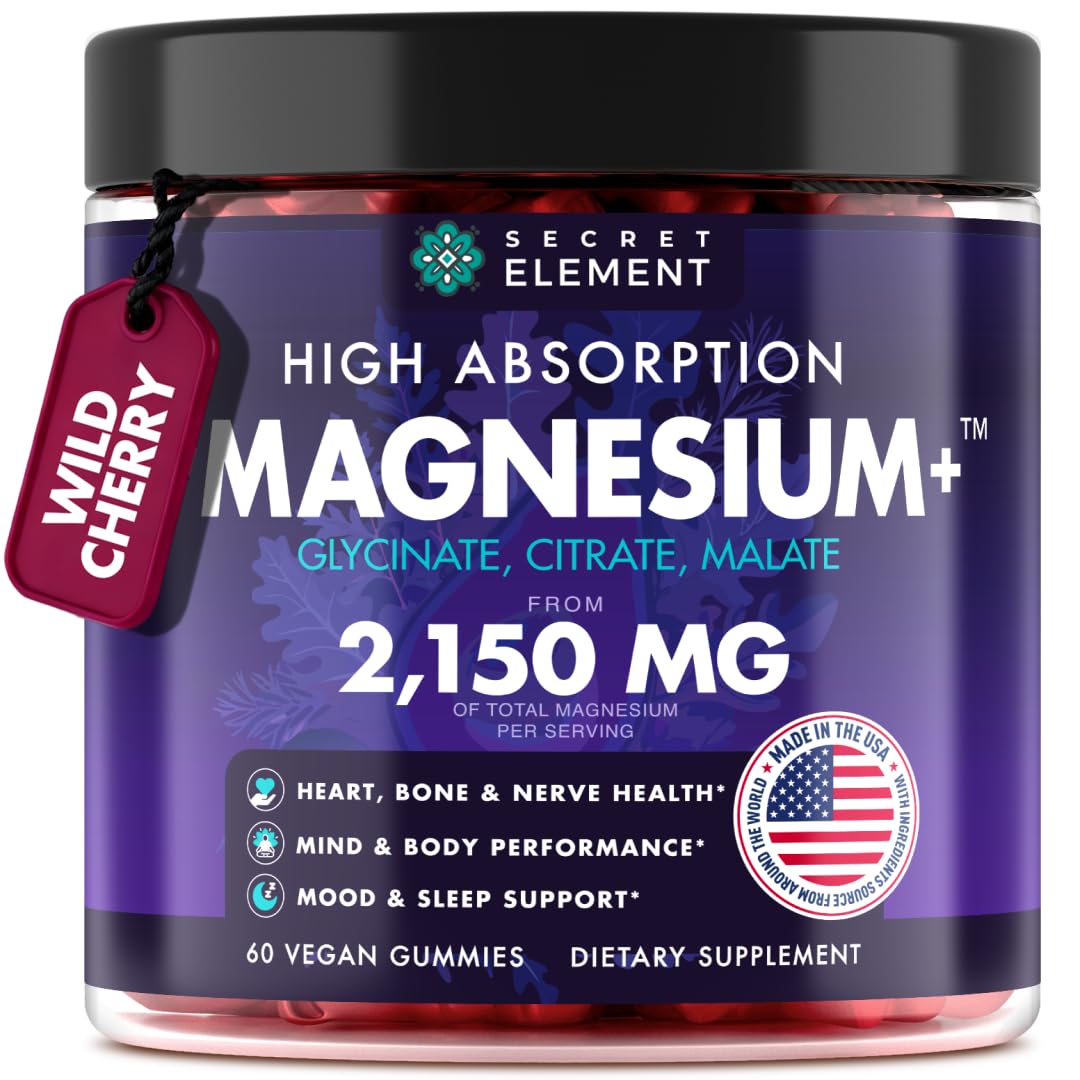 Magnesium Glycinate 2150 MG Gummies, High Absorption Magnesium Glycinate, Citrate & Malate, Sugar-Free, Vegan, Chews for Men & Women, 60 Gummies, Cherry Flavor– 60 Wild Cherry Flavor Chews Secret ElementBuy Supplements Australia