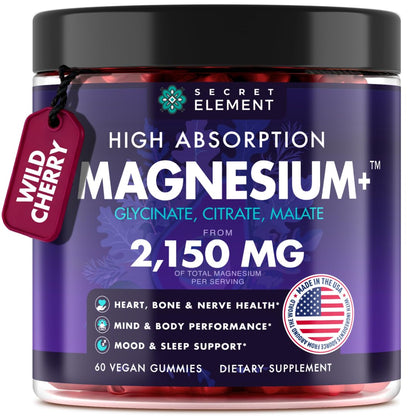 Magnesium Glycinate 2150 MG Gummies, High Absorption Magnesium Glycinate, Citrate & Malate, Sugar-Free, Vegan, Chews for Men & Women, 60 Gummies, Cherry Flavor– 60 Wild Cherry Flavor Chews Secret ElementBuy Supplements Australia