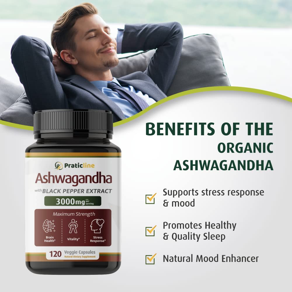 PRATIC LINE Ashwagandha Capsules 3,000 mg - 120 Vegan Cap Made with Organic PRATIC LINEBuy Supplements Australia