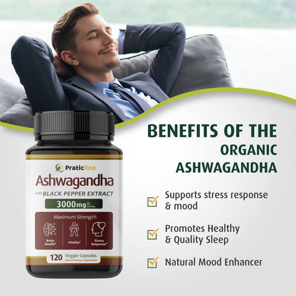 PRATIC LINE Ashwagandha Capsules 3,000 mg - 120 Vegan Cap Made with Organic PRATIC LINEBuy Supplements Australia
