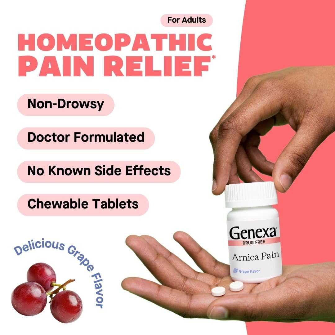 Genexa Arnica for Pain Relief | Alleviate Muscle & Joint Pain, Soreness & Stiffness | Reduces Bruises & Swelling | Organic Grape Flavor | Homeopathic Remedy Made Clean | 100 Chewable Tablets GenexaBuy Supplements Australia