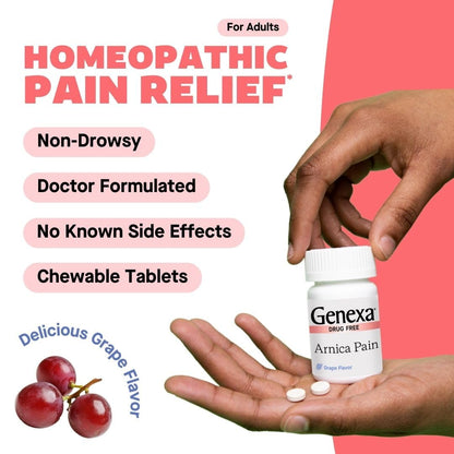 Genexa Arnica for Pain Relief | Alleviate Muscle & Joint Pain, Soreness & Stiffness | Reduces Bruises & Swelling | Organic Grape Flavor | Homeopathic Remedy Made Clean | 100 Chewable Tablets GenexaBuy Supplements Australia