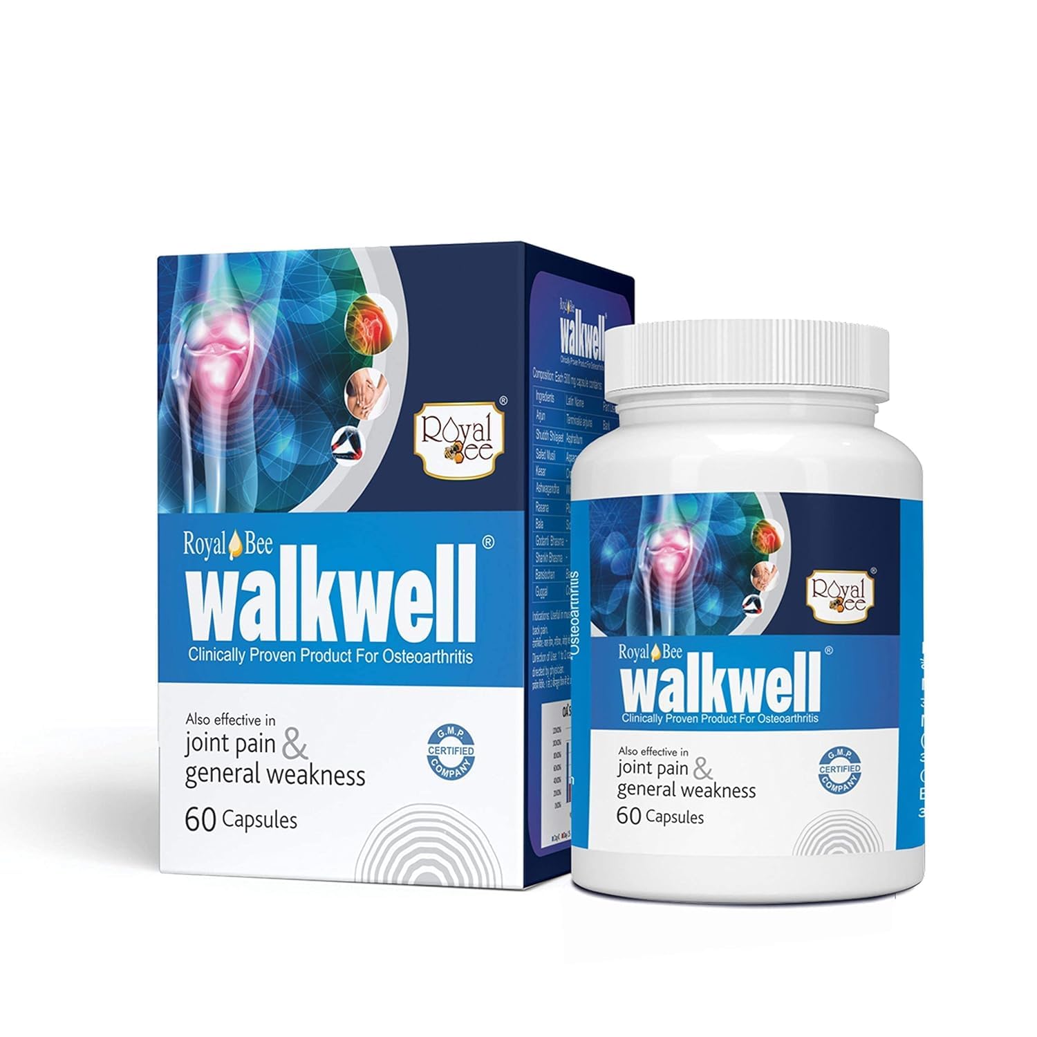 Royal Bee Walkwell Capsules – 60 Capsules – Supports Joint Pain & Inflammation Relief · Useful in Osteoarthritis · Promotes Flexibility & Mobility · Clinically Studied Herbal Ingredients GenericBuy Supplements Australia