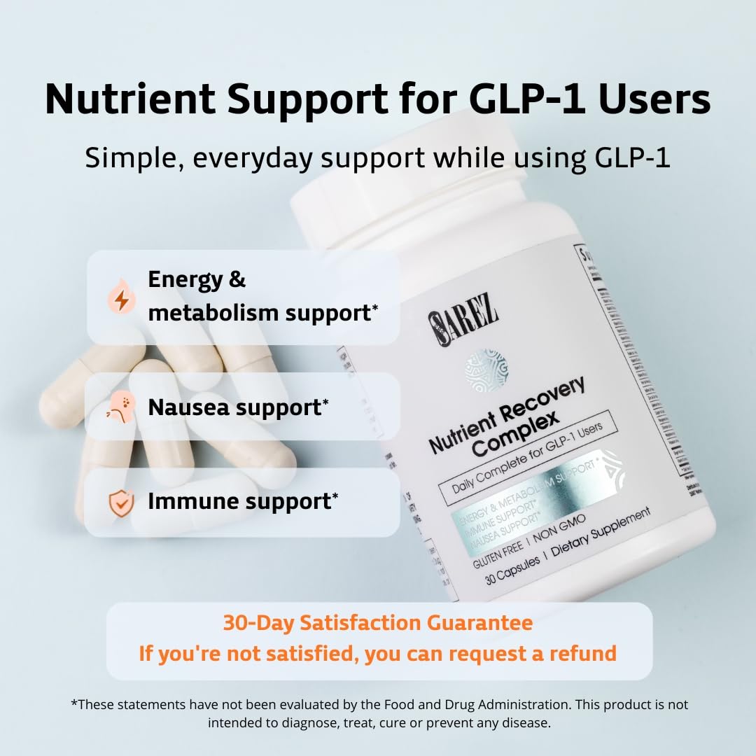 Sarez GLP-1 Support Capsules — Methylated Vitamins & Chelated Minerals — Energy, Metabolism, Hair & Daily Nutrient Support — with Ginger for Nausea — Gentle on Stomach — 30 Day Supply SarezBuy Supplements Australia