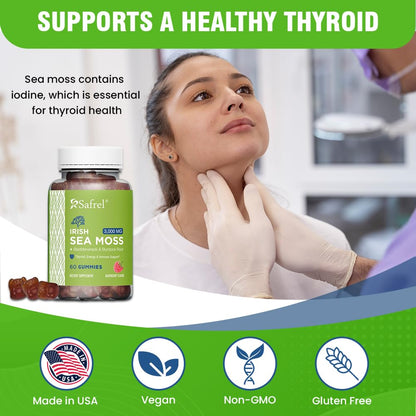 Safrel Irish Sea Moss Gummies 3000mg with Bladderwrack and Burdock Root, Thyroid Energy and Immune Support, Vegan Raspberry Flavor, 60 Gummies SafrelBuy Supplements Australia