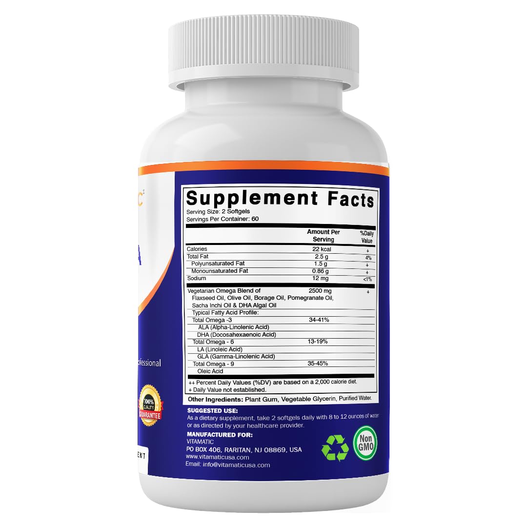 Vitamatic Vegan Omega 3-6-9 Complex 1250mg | Flaxseed, Olive, Borage & Algae Oils | Plant-Based Omegas | 120 Softgels VitamaticBuy Supplements Australia