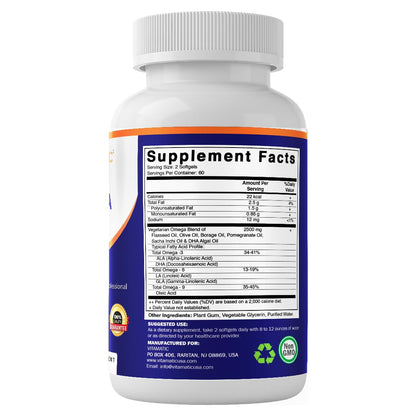 Vitamatic Vegan Omega 3-6-9 Complex 1250mg | Flaxseed, Olive, Borage & Algae Oils | Plant-Based Omegas | 120 Softgels VitamaticBuy Supplements Australia