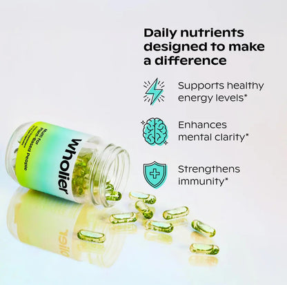 wholier Plant Based Multivitamin Vegan Omega-3 DHA EPA, Vitamin D, B12, Zinc, Vitamin K2, Iron, Iodine, Selenium wholier