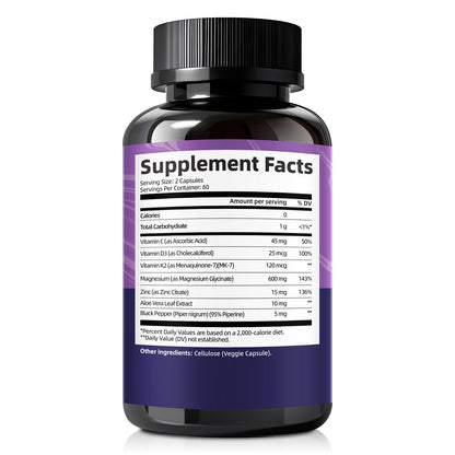 Magnesium Glycinate 600mg Vitamin D3 K2 Supplement with Vitamin C, Zinc, & Aloe Vera - Bone Support, Energy & Mood Manage & Sleep Health for Men & Women, Non-GMO, Vegan, 120 Capsules FemmetraBuy Supplements Australia