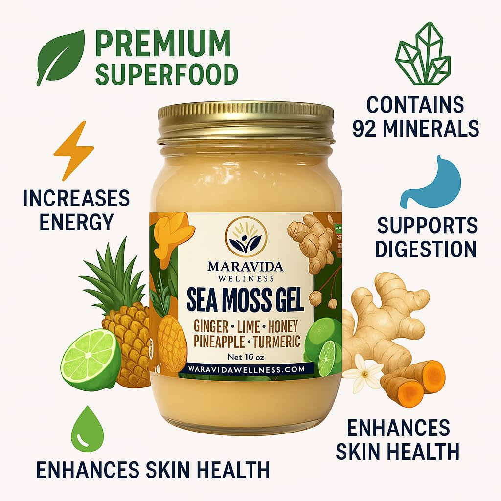 Maravida Wellness Sea Moss Gel – Pineapple, Lime, Honey, Ginger & Turmeric – 100% Natural Raw Organic Irish Moss – 16oz Jar – Premium Superfood for Everyday Wellness Maravida WellnessBuy Supplements Australia