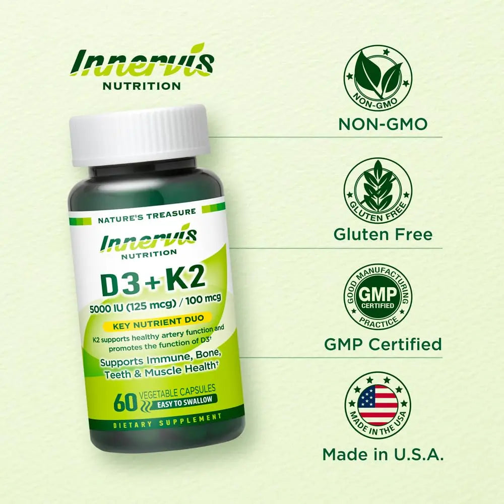 INNERVISNUTRITION Vitamin D3 5000 IU + K2 MK-7 100mcg – Bone, Heart & Immune Support, Easy to Swallow, 60 Capsules INNERVISNUTRITIONBuy Supplements Australia