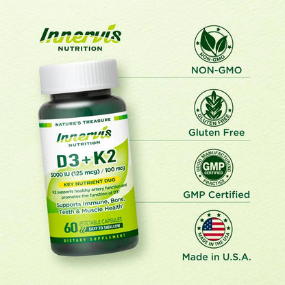 INNERVISNUTRITION Vitamin D3 5000 IU + K2 MK-7 100mcg – Bone, Heart & Immune Support, Easy to Swallow, 60 Capsules INNERVISNUTRITIONBuy Supplements Australia