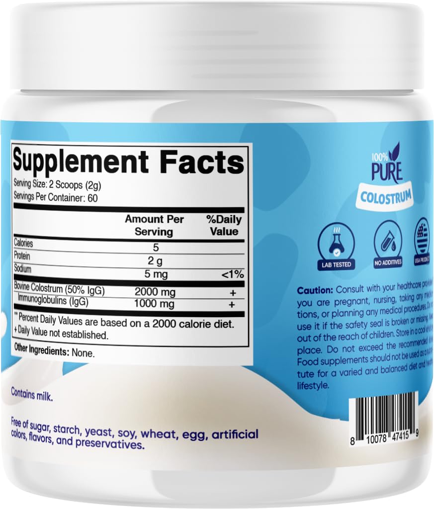 Vitamatic Bovine Colostrum Powder - 50% Highest IgG -120 Gram - Supplement for Gut Health, Hair Growth, Beauty, Muscle Recovery, & Immune Support - Easy to Mix - Unflavored - 60 Servings VitamaticBuy Supplements Australia
