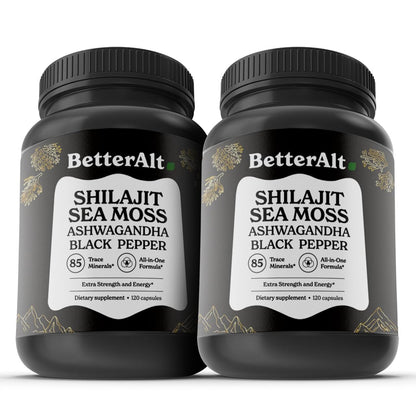 Better Alt Shilajit Sea Moss Capsules Pack of 2 with Ashwagandha & Black Pepper Extract with 85+ Essential Minerals & Antioxidants| Boosts Energy & Metabolism - 120 Servings, 240 Capsules Better AltBuy Supplements Australia