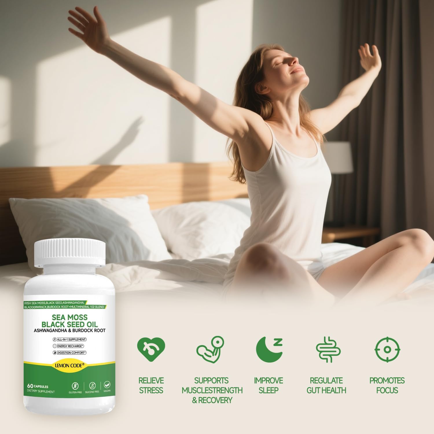LEMON CODE Sea Moss & Black Seed Oil Capsules with Burdock & Bladderwrack & Ashwagandha, Vitamin C&D,Natural Herbal Complex for Daily Balance, Energy & Digestive Support, Vegan, Non-GMO, 60 Capsules LEMON CODEBuy Supplements Australia