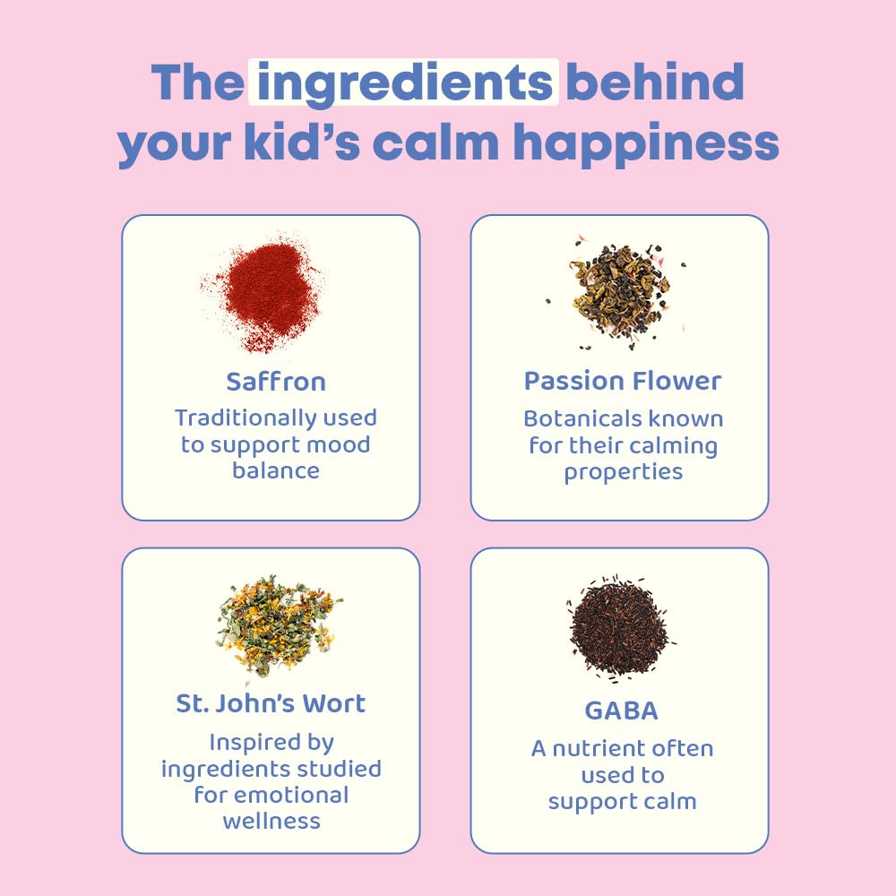 JoySpring Mood Munchies Saffron Gummies for Kids 4+ | Saffron Extract Supplement with GABA, Passion Flower & St Johns Wort | Sugar Free Vegan Brain Support