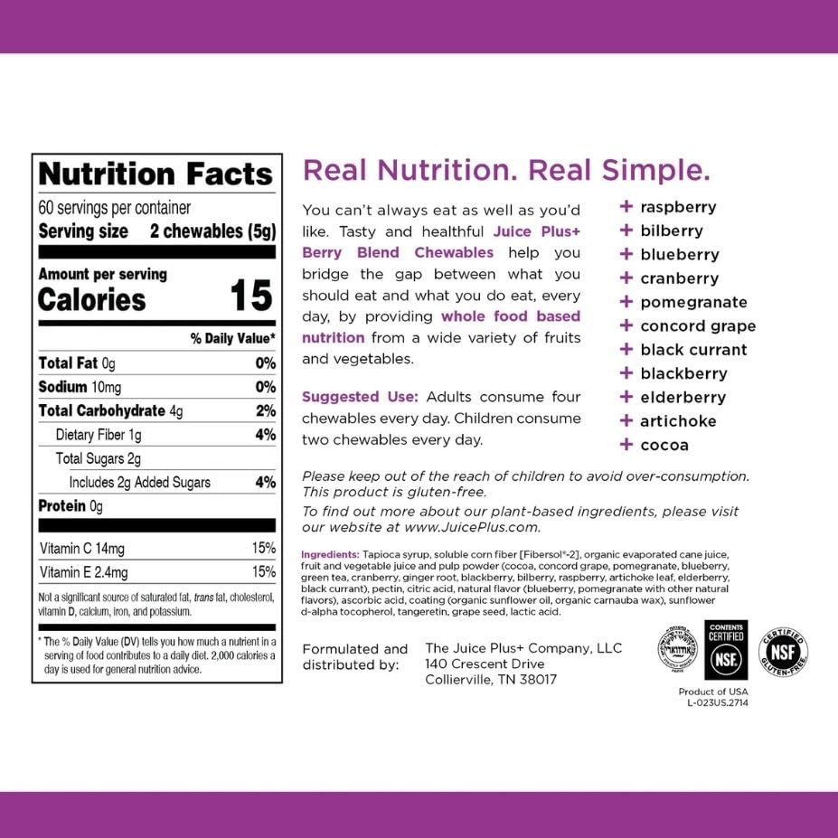 Juice Plus+ Fruit, Vegetable & Berry Blend Soft Chews (Chewables) - 30 Plant-Based Ingredients! Vegan Gummies for Kids & Adults - Gluten-Free, Non-GMO, No HFCS - Prepacked 3 Pouches (30 Chews Each) Juice Plus+Buy Supplements Australia