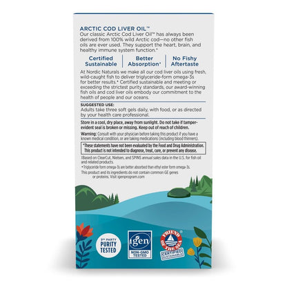 Nordic Naturals Arctic Cod Liver Oil, Lemon - 180 Soft Gels - 750 mg Total Omega-3s with EPA & DHA - Heart & Brain Health, Healthy Immunity