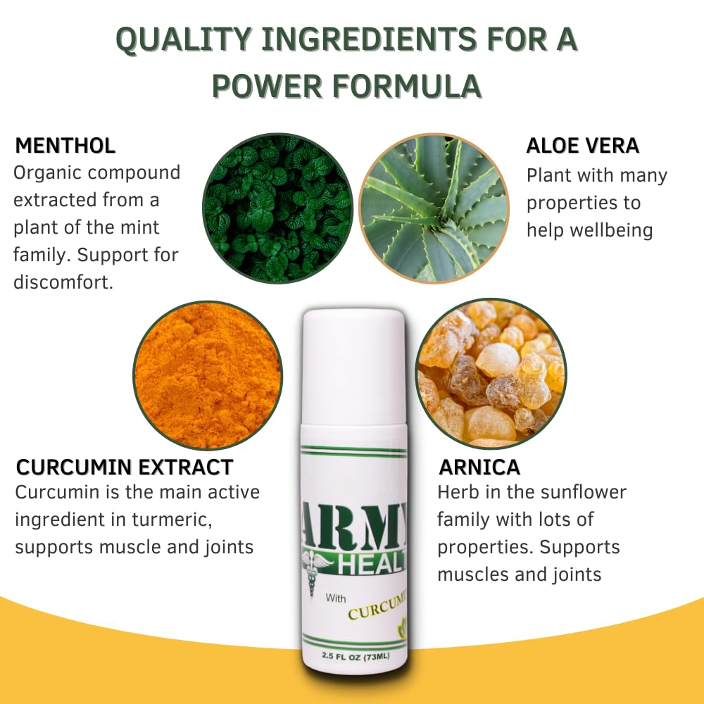 ARMY HEALTH Roll On 100% Natural Turmeric Curcumin - Pain Reliever - Inflammation - Headache - Backache - Joint and Muscle Pain 2.5 Oz ARMY HEALTHBuy Supplements Australia