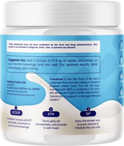 Vitamatic Bovine Colostrum Powder - 50% Highest IgG -120 Gram - Supplement for Gut Health, Hair Growth, Beauty, Muscle Recovery, & Immune Support - Easy to Mix - Unflavored - 60 Servings VitamaticBuy Supplements Australia