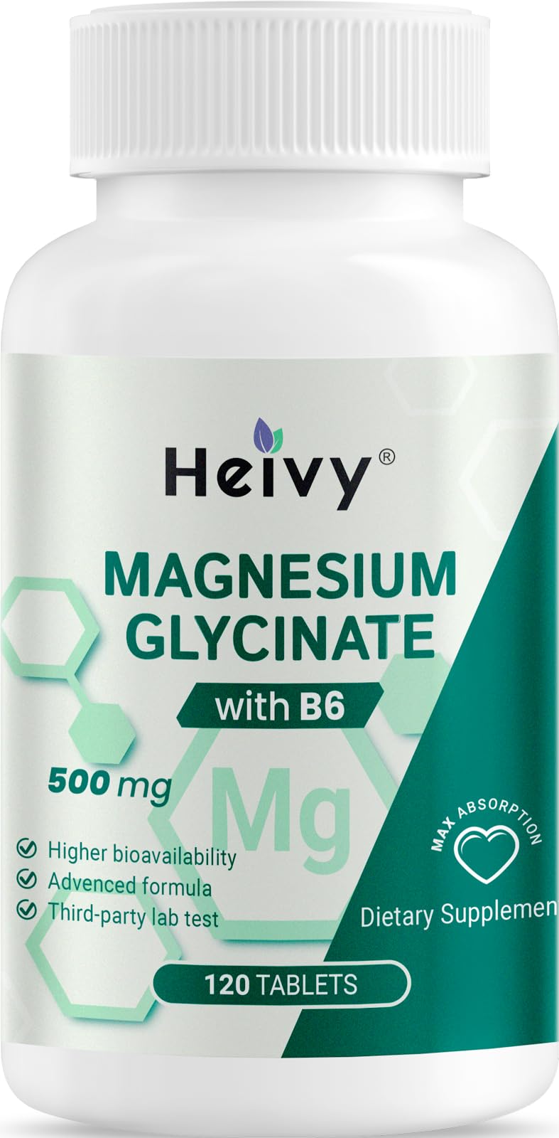 Heivy Pure Magnesium Glycinate 500mg with Vitamin B6, 100% Chelated & Purified Supports Nerve Relife, Sleep Aid & Muscle Support, Vegan & Non-GMO, Made in USA, 3rd Party Tested, 120 Tablets HeivyBuy Supplements Australia