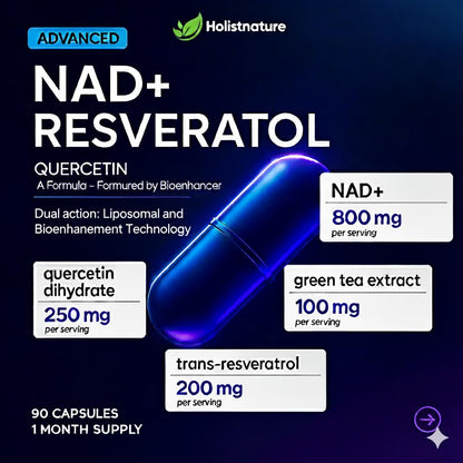 NAD+ Supplement, 1,360mg Max Strength Liposomal | Resveratrol, Quercetin, Green Tea | Cellular Energy & Healthy Aging for Men & Women | 800mg of 100% High Purity NAD+ for Energy, Focus - 90 Capsules HolistnatureBuy Supplements Australia