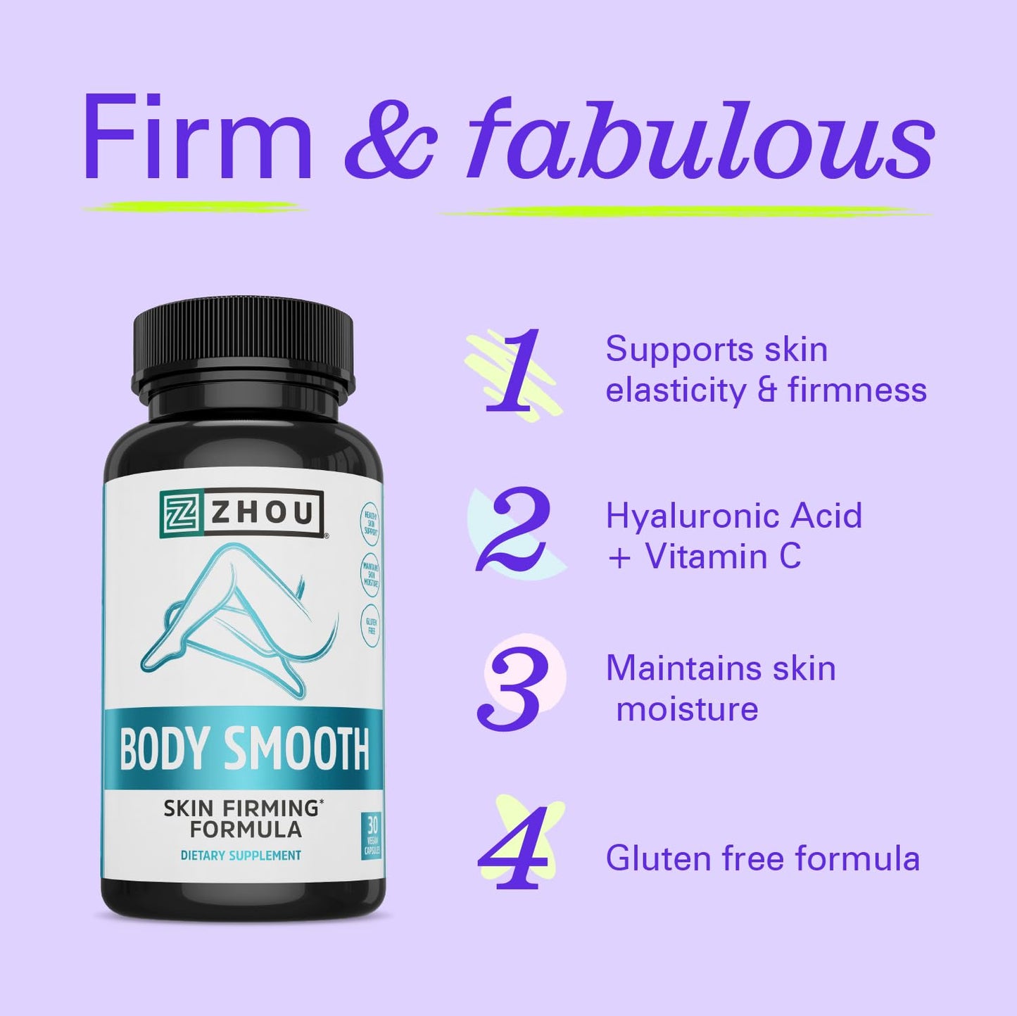 Zhou Body Smooth - Cellulite Pills for Women, Dimpless Anti Cellulite Supplement for Firm Smooth Skin with Hyaluronic Acid & Vitamin C, Skincare for Thigh, Legs, Butt, Supports Hydration - 30 Capsules ZHOUBuy Supplements Australia