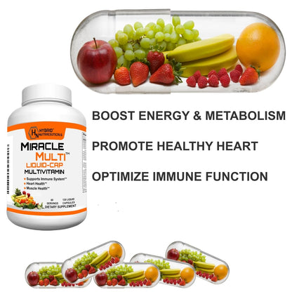 MiracleMulti Liquid Multivitamin Capsules for Men & Women - Complete Whole Food Blend Daily Vitamin & Mineral Supplement with CoQ10, B12, 42 Superfood Enzyme - 120 Softgels Hybrid NutraceuticalsBuy Supplements Australia