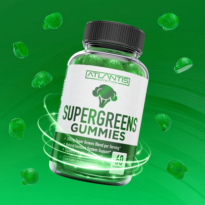 Atlantis Nutrition Supergreens Gummies - Daily Green Superfoods Supplement with Spinach, Broccoli, Moringa, Beet Root, Celery, Green Tea, & Acai for Immunity Support - Natural Raspberry Flavor, 60 cnt Atlantis NutritionBuy Supplements Australia
