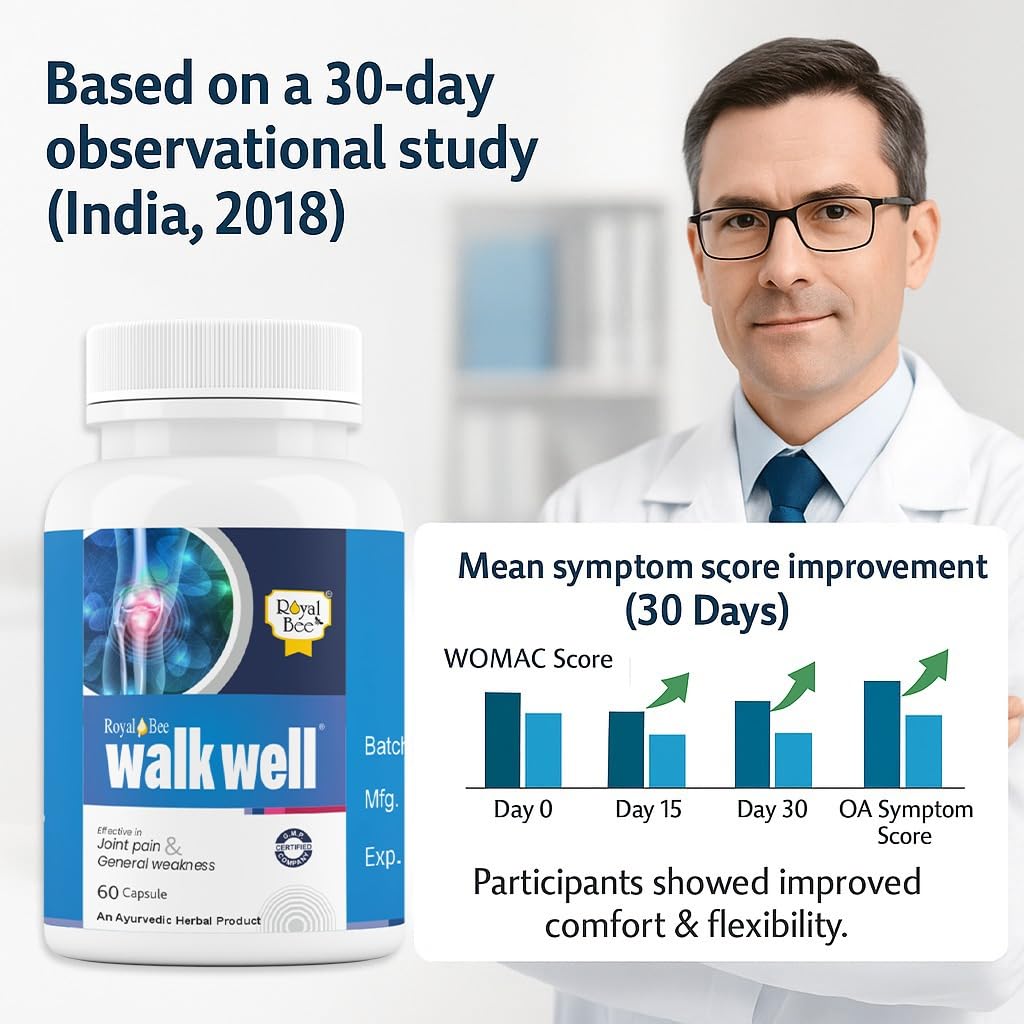 Royal Bee Walkwell Capsules – 60 Capsules – Supports Joint Pain & Inflammation Relief · Useful in Osteoarthritis · Promotes Flexibility & Mobility · Clinically Studied Herbal Ingredients GenericBuy Supplements Australia