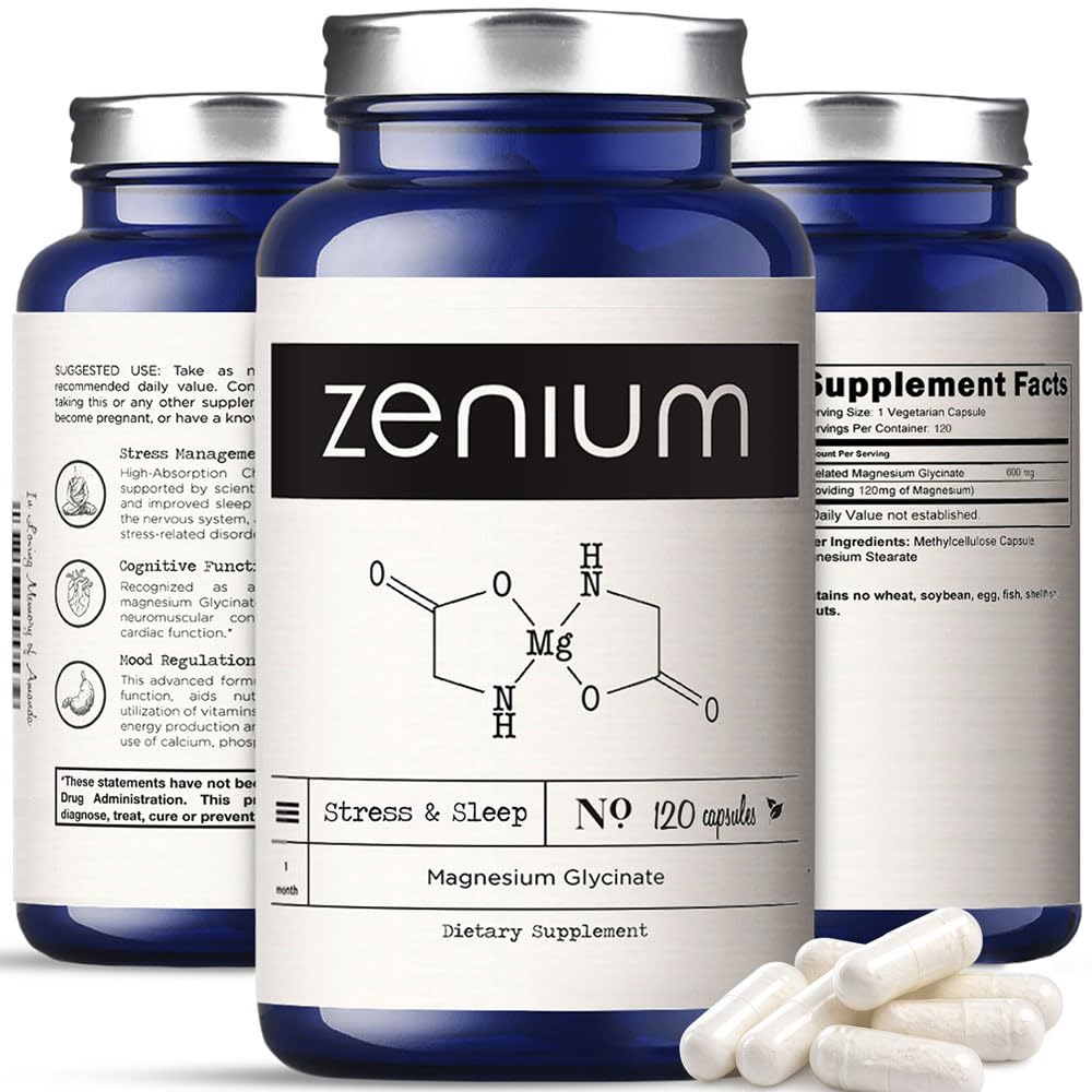 Zenium - Magnesium Glycinate for Sleep, Chelated, 600mg per Serving, 120 Capsules | High Absorption | Relieve Tension, Worry, Nervousness | Calm The Mind & Body | Ayurvedic | Natural Relief Supplement ZeniumBuy Supplements Australia