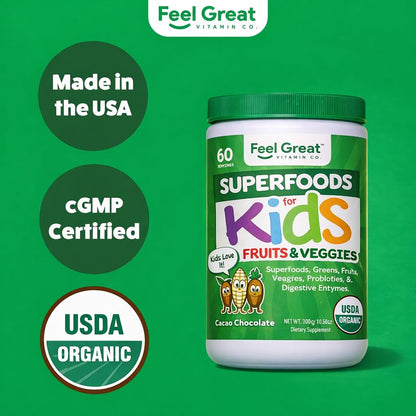 Feel Great USDA Organic Super Greens Powder for Kids - Cocao Chocolate | Fruit & Veggie Supplement | Superfood Powder with Probiotics & Digestive Enzymes for Digestive Health | 60 Days Supply The Feel Great Vitamin CompanyBuy Supplements Australia