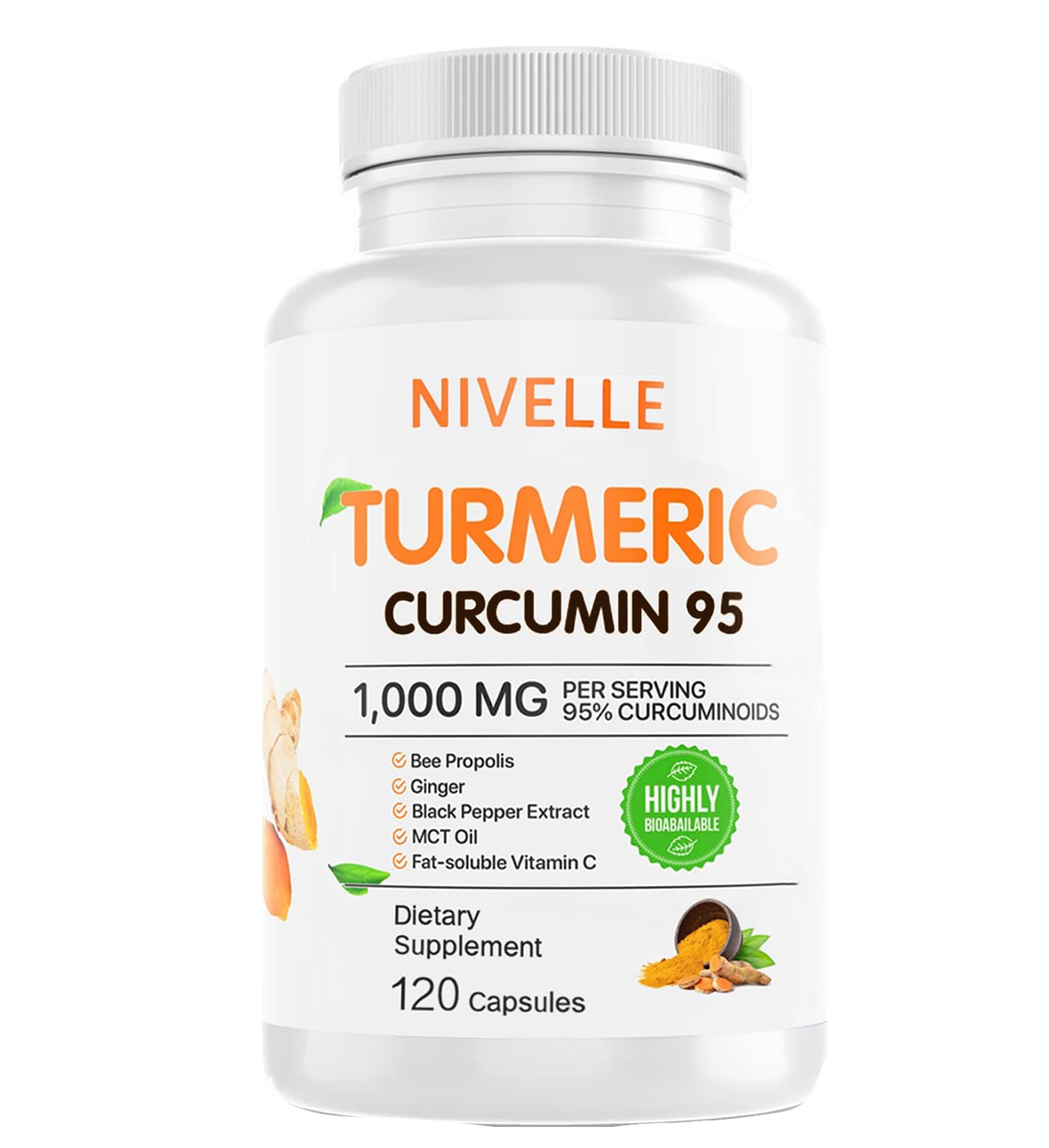 NIVELLE Turmeric Curcumin | Pure Turmeric Curcumin Supplement 1000mg | 95% Curcuminoids with Bee Propolis, Ginger, MCT Oil, Fat Soluble Vitamin C, & Black Pepper | 120 Capsules (1) NIVELLEBuy Supplements Australia