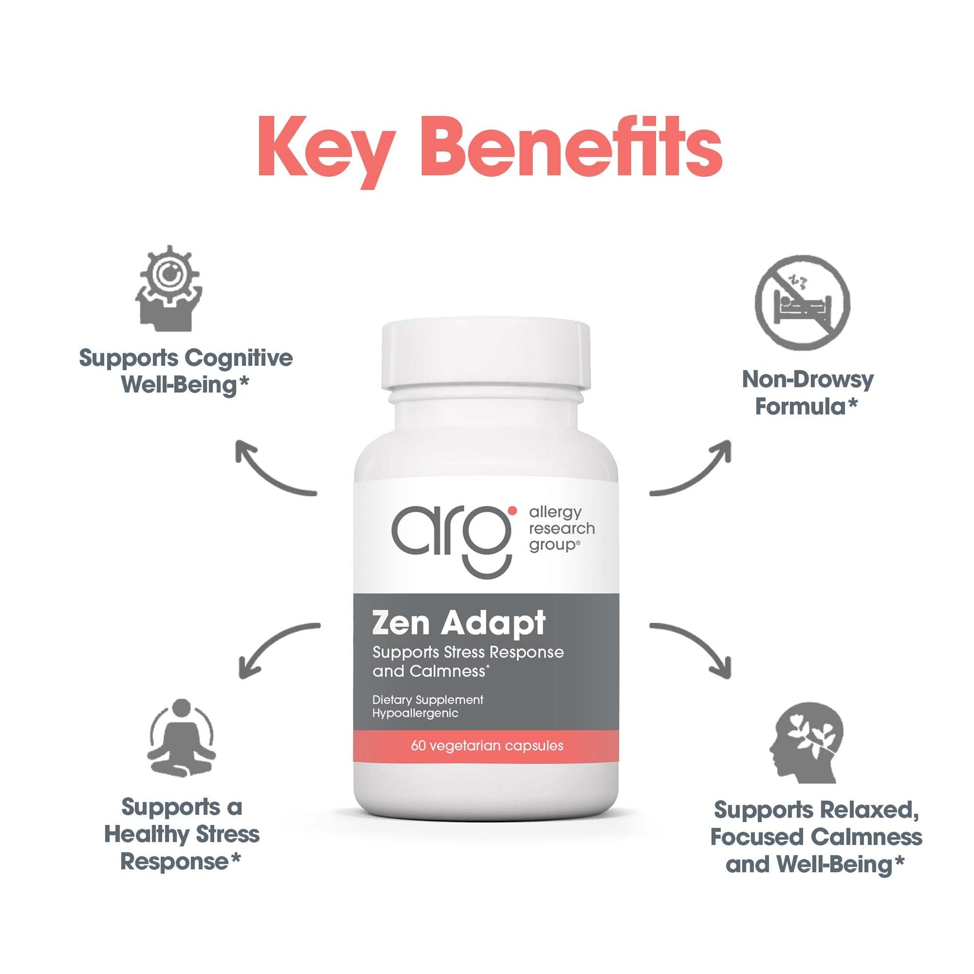 ARG Zen Adapt - 200 mg L-Theanine, 125 mg Ashwagandha & 550 mg GABA - Supports Stress Response and Calmness - Vegetarian Capsules - Hypoallergenic Formula - 30 Servings - 60 Capsules Allergy Research GroupBuy Supplements Australia