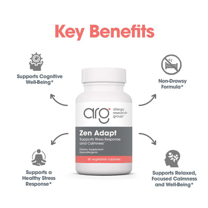 ARG Zen Adapt - 200 mg L-Theanine, 125 mg Ashwagandha & 550 mg GABA - Supports Stress Response and Calmness - Vegetarian Capsules - Hypoallergenic Formula - 30 Servings - 60 Capsules Allergy Research GroupBuy Supplements Australia