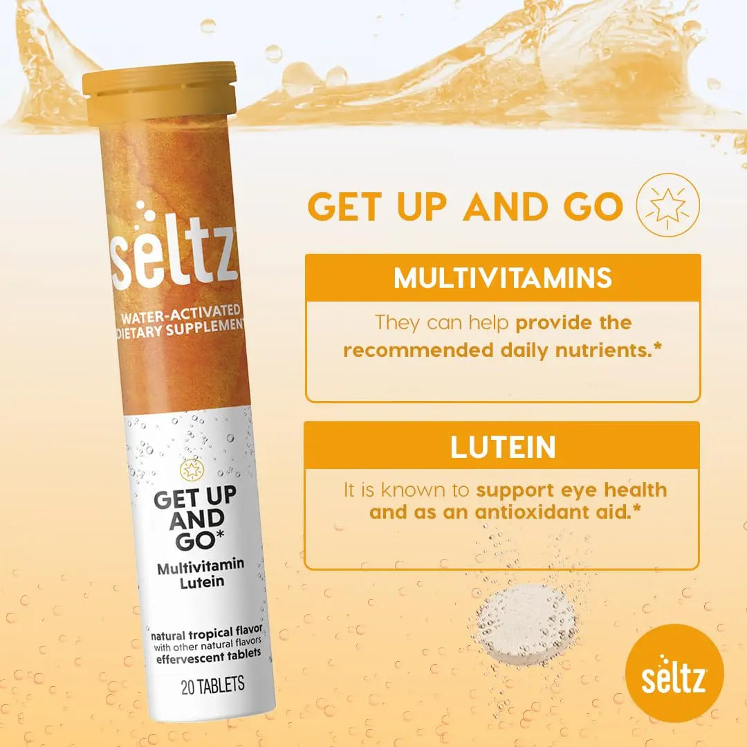 Seltz® Get Up and Go – Effervescent Multivitamin with Lutein for Daily Energy, Eye Health & Antioxidant Support Seltz