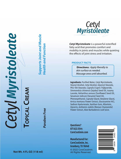 Cetyl Myristoleate Topical Cream Omega 5 Fatty Acid - Helps Reduce Joint and Muscle Discomfort - Includes Arnica, Glucosamine, Aloe,Jojoba, Sunflower & Sesame Seed Oil - 4oz. by Coreceutimin CoreCeutiminBuy Supplements Australia