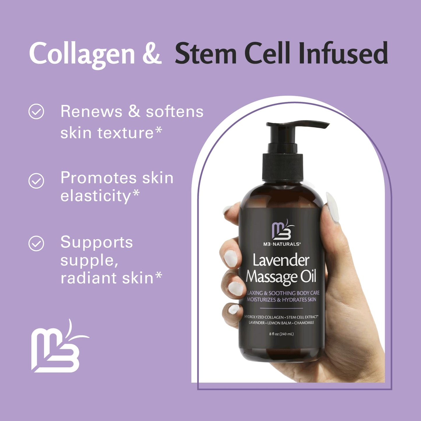 Lavender Massage Oil with Collagen and Stem Cells - Skin Tightening Massage Oil for Mass M3 NaturalsBuy Supplements Australia