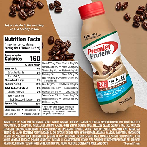 Premier Protein Shake, Café Latte Liquid, 30g Protein, 1g Sugar, 24 Vitamins & Minerals Premier ProteinBuy Supplements Australia