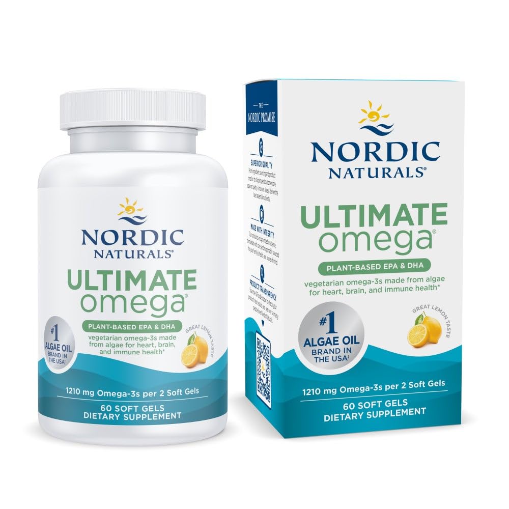 Nordic Naturals Plant Based Ultimate Omega, Lemon Flavor - 60 Vegetarian Soft Gels - 1210 mg Omega-3 - Vegan EPA and DHA - Supplement Made from Algae - Brain & Heart Support - Non-GMO - 30 Servings Nordic NaturalsBuy Supplements Australia