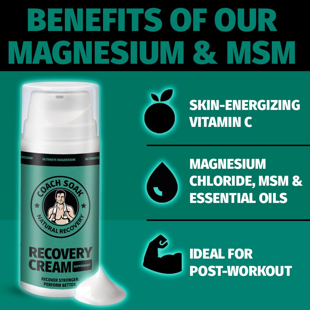 Coach Soak Magnesium Cream with MSM in Pump Bottle - Natural Recovery Cream with Magnesium Chloride & Menthol - Fast-Absorbing for Muscles & Joints, Cooling Menthol, 3.4oz Coach SoakBuy Supplements Australia