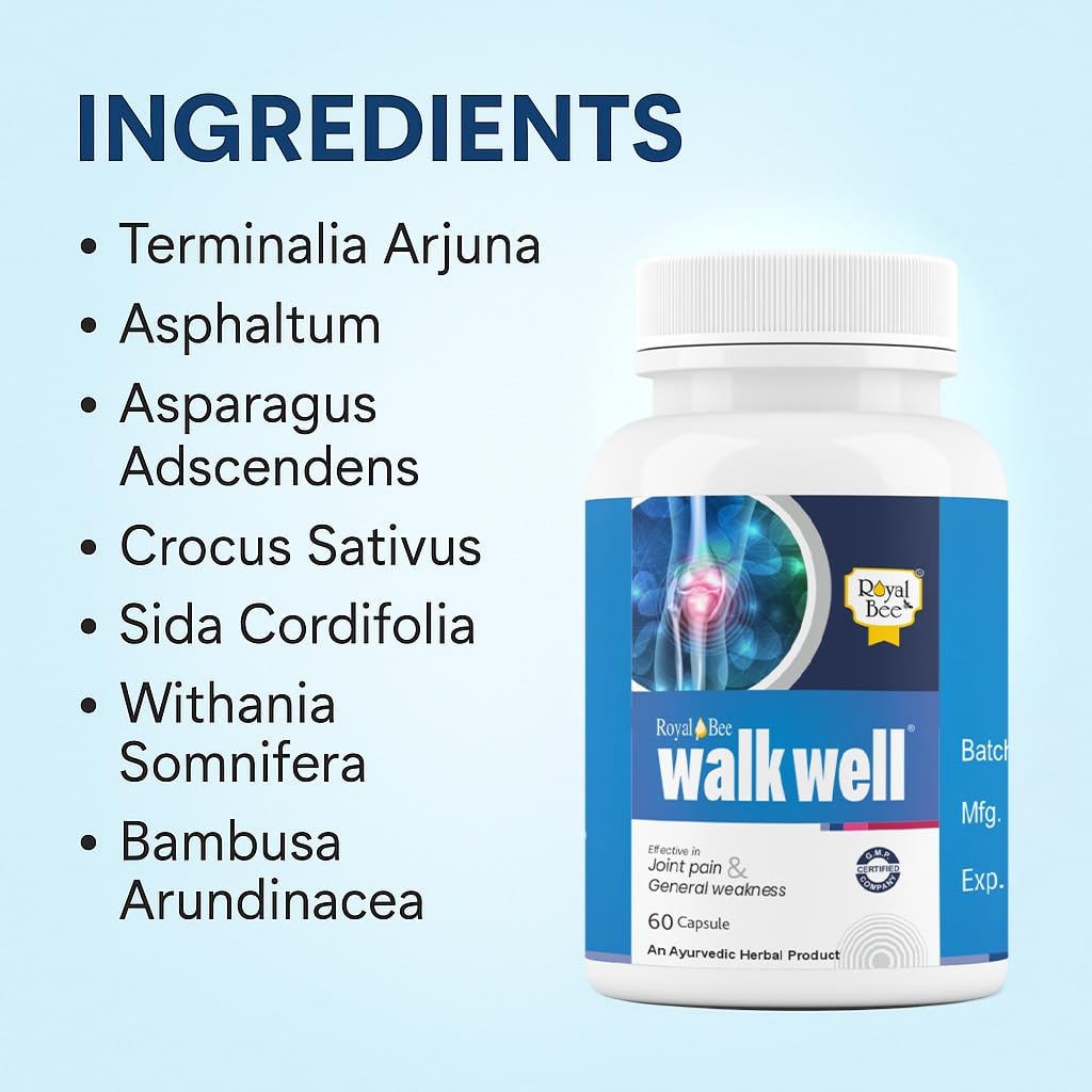 Royal Bee Walkwell Capsules – 60 Capsules – Supports Joint Pain & Inflammation Relief · Useful in Osteoarthritis · Promotes Flexibility & Mobility · Clinically Studied Herbal Ingredients GenericBuy Supplements Australia