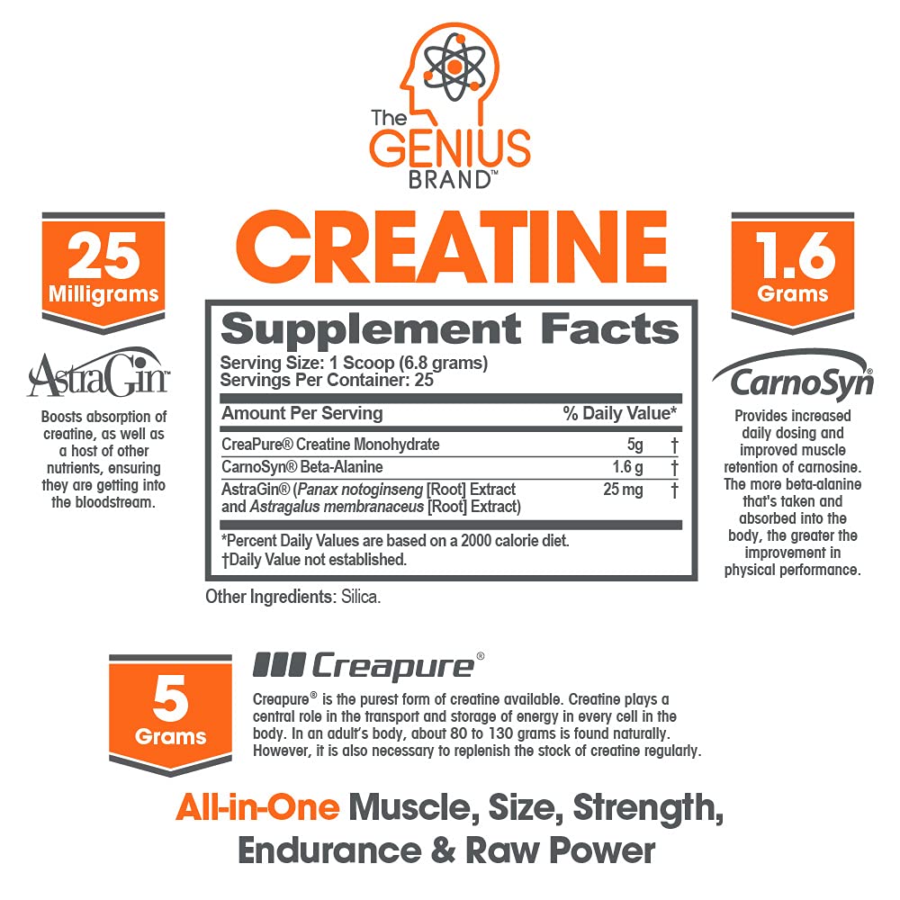 Genius Pre Workout Powder, Sour Cherry, and Genius Micronized Creatine Monohydrate Powder, Unflavored, All Natural Nootropic Pre Workout and Post Workout Supplement Stack