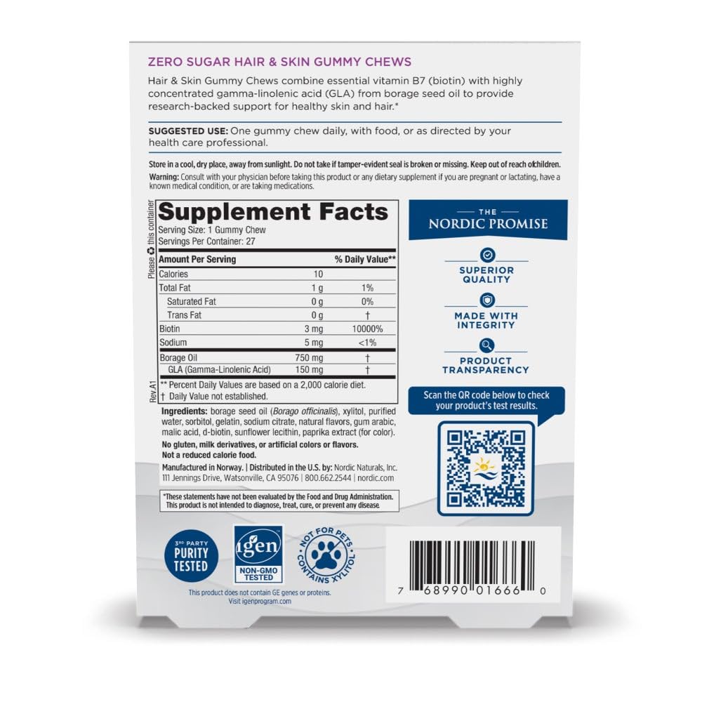 Nordic Naturals Zero Sugar Hair & Skin Gummy Chews, Strawberry Lemonade - 27 Gummy Chews - Biotin + GLA from Borage Oil - Promotes Healthy Balance of Fats in Skin - Non-GMO - 27 Servings Nordic NaturalsBuy Supplements Australia