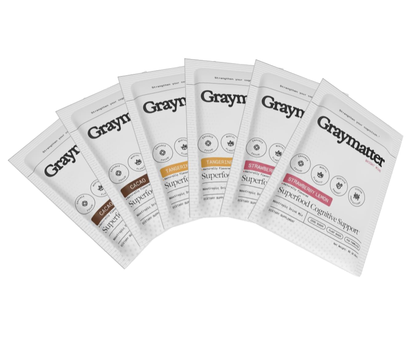 Graymatter Bright Mind Nootropic Powder (6 Travel Packets Variety Pack: Cacao, Tangerine, Strawberry Lemon) – Plant-Based Energy & Focus Drink Mix, Adaptogens & Vitamins, Sugar-Free Daily Supplement GraymatterBuy Supplements Australia