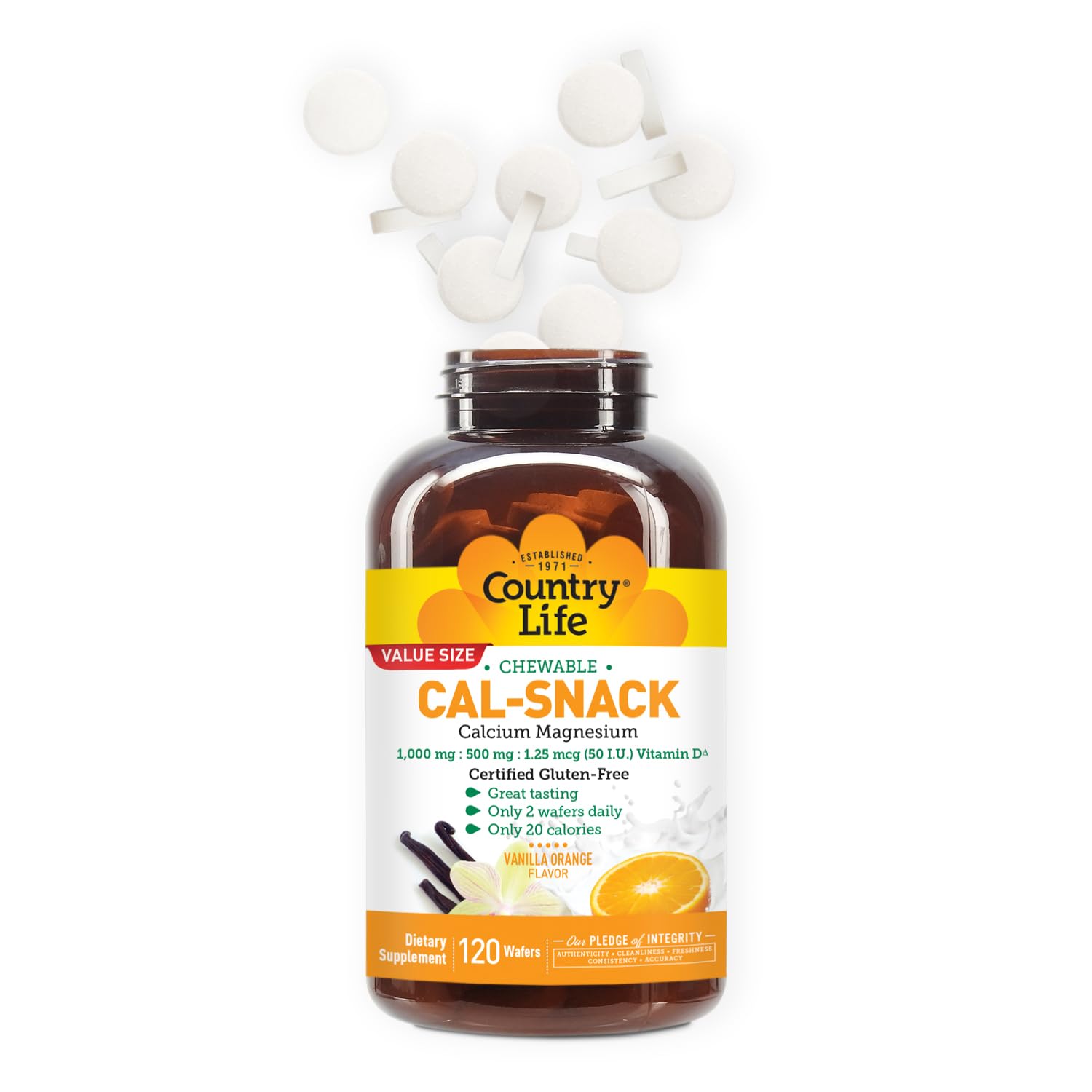 Country Life Cal-Snack - Chewable Calcium Magnesium Supplement wafers with Vitamin D3, Easy to Digest, Vanilla Orange Flavor, Dietary Supplement Country LifeBuy Supplements Australia