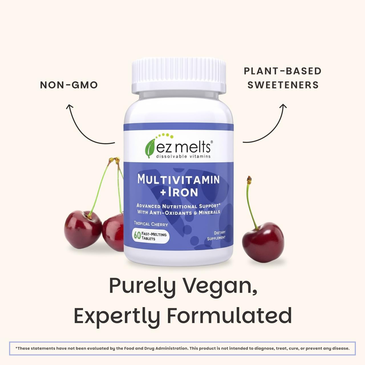 EZ Melts Multivitamin + Iron - Daily Multivitamin for Women & Men - Supports Healthy Energy Levels & Antioxidant Protection - Non-GMO & Vegan - Tropical Cherry