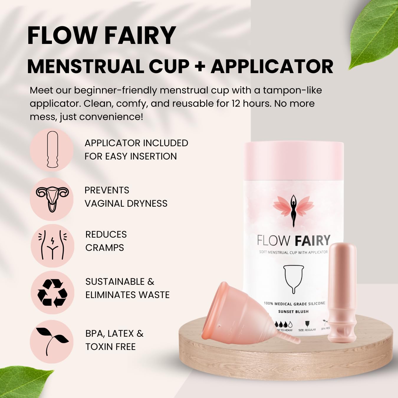 Flow Fairy Reusable Menstrual Cup with Applicator for Easy Insertion- 100% Medical Grade Silicone Period Cup Flow FairyBuy Supplements Australia