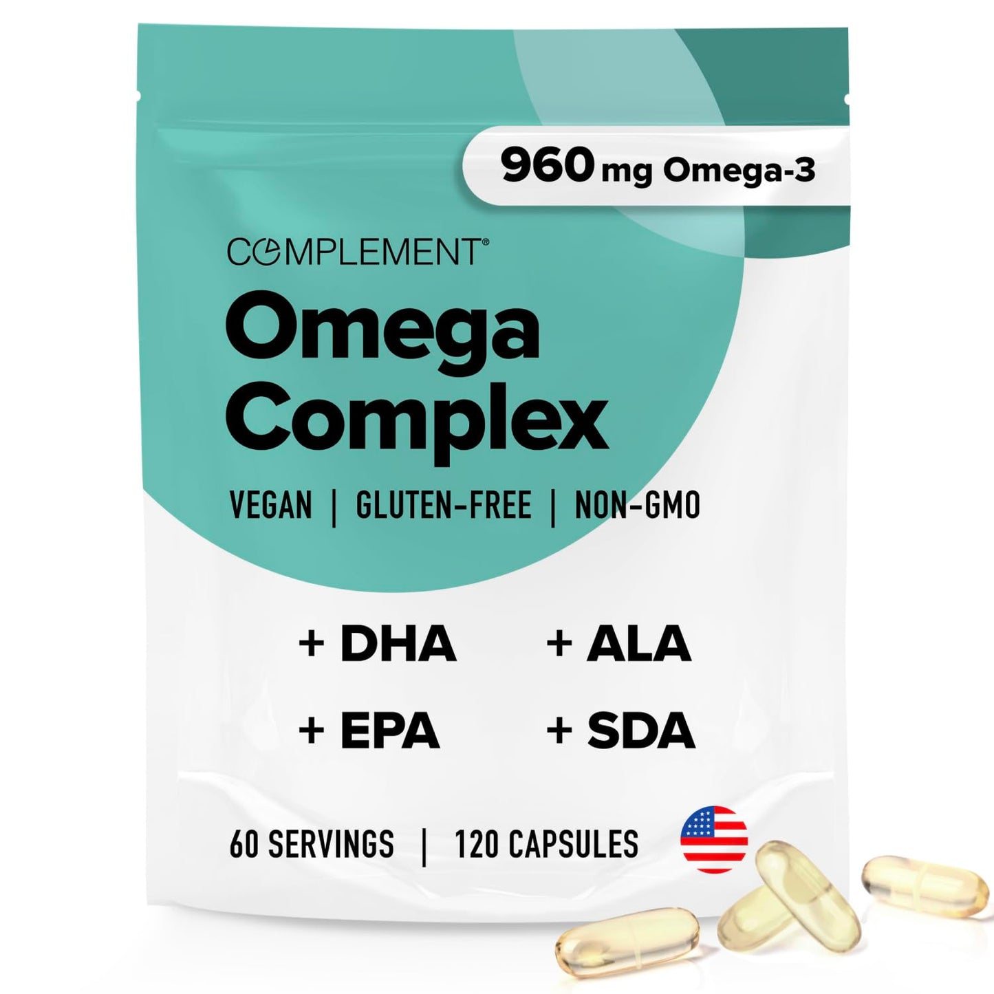 Complement Vegan Omega 3 Supplement- 960mg Omega-3 Fatty Acids, DHA, EPA, SDA, ALA Supplement - Immune Support- 60 Servings, 120 Liquid Capsules ComplementBuy Supplements Australia