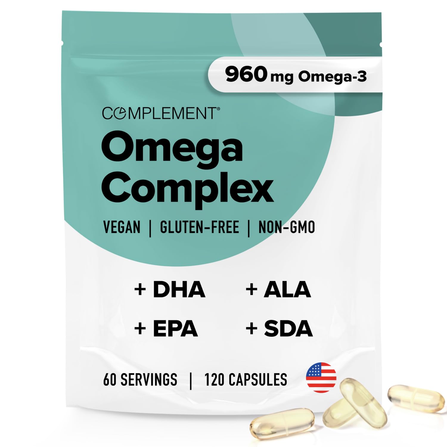 Complement Vegan Omega 3 Supplement- 960mg Omega-3 Fatty Acids, DHA, EPA, SDA, ALA Supplement - Immune Support- 60 Servings, 120 Liquid Capsules ComplementBuy Supplements Australia